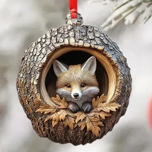 Christmas tree hanging ornament cute fox in tree hole resin pendant for holiday decor