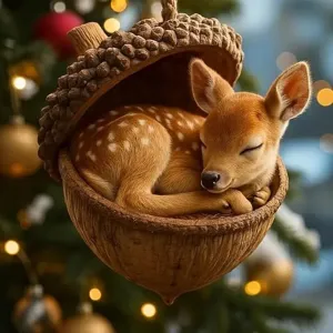 Cute sleeping fawn in acorn shell Christmas tree hanging ornament holiday home decor