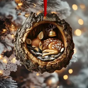 Detailed shot of a cute sleeping fawn tree hole acrylic Christmas tree hanging ornament.