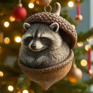 Cute raccoon sleeping in acorn Christmas tree hanging ornament holiday decor cute animal pendant