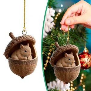 Cute squirrel in acorn Christmas tree hanging ornament, cozy woodland holiday decor for home.