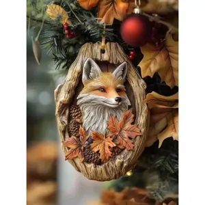 Christmas tree hanging ornament cute fox in tree hollow with maple leaves pendant.