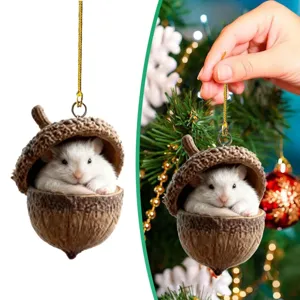 Cute hamster in acorn 2D acrylic Christmas tree hanging ornament woodland animal decor
