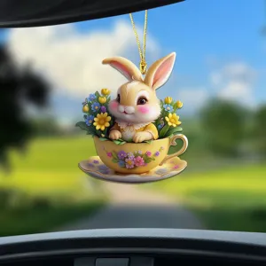 Easter bunny in teacup car hanging ornament, cute acrylic rearview mirror pendant decor.