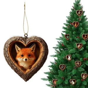 Cute fox heart tree house acrylic ornament for Christmas tree holiday home hanging decoration
