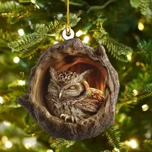 Christmas tree acrylic hanging ornament featuring a sleeping owl inside a cute tree hollow design.