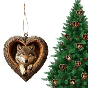 Closeup detail of the wolf heart tree hanging ornament showcasing texture and fine acrylic print.