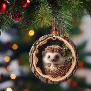 Cute hedgehog Christmas tree ornament hanging detail, festive wooden round pendant decor.