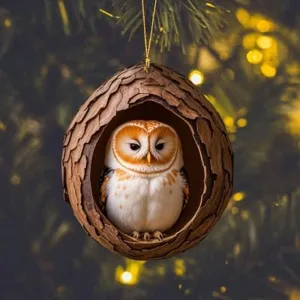 Details of the cute owl Christmas tree hanging acrylic ornament for festive holiday decor.