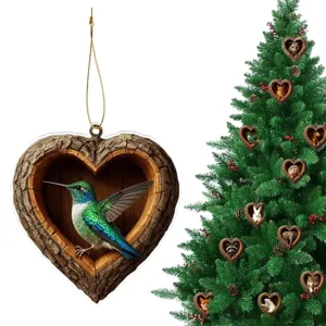 2D acrylic heart treehouse hummingbird ornament for Christmas tree decor detail view