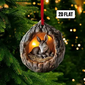 Detailed view of the 2D flat Christmas ornament featuring a sleeping cute animal in tree hole.