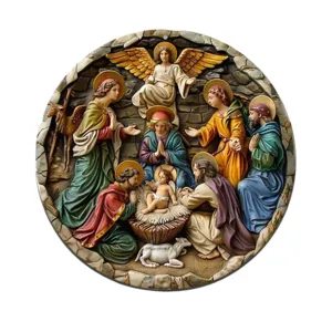 Detailed view of the vintage round Nativity scene wall plaque, exquisite religious decor.