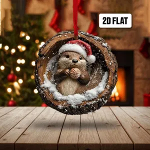 Christmas otter tree hole hanging ornament, 2D flat acrylic holiday party decor.