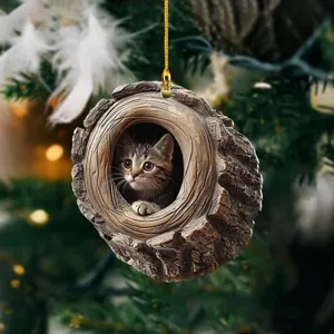 Christmas tree hanging ornament with cute tabby kitten in a realistic tree log design.