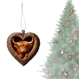 Cute Highland Cow Christmas Tree Ornament Heart Animal Hanging Acrylic Holiday Decor Piece