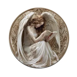 Round vintage angel plaque wall hanging sign, detailed relief art decor for home interior.