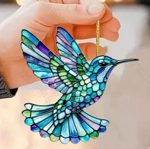 2D Acrylic Flat Colorful Bird Hanging Ornament Stained Glass Style Hummingbird Car Decor Home Window Wall Decoration Gift