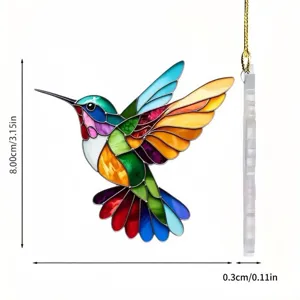 Acrylic hummingbird hanging ornament, colorful stained glass style car decor, 8cm height.