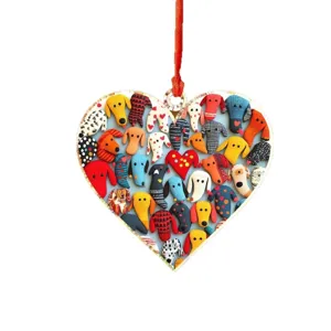 Pendentif cœur en acrylique avec motifs de chiots tricotés colorés pour arbre ou auto déco.