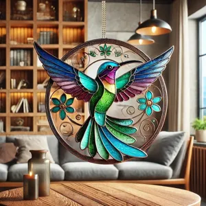 Stained glass style hummingbird hanging acrylic ornament for home or car interior decor detail view