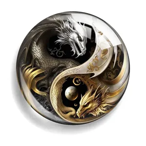Tai chi dragon glass cabochon fridge magnet patch, clear round DIY jewelry accessory.