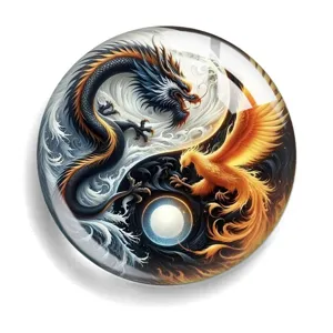 Detailed close-up of a round Yin Yang dragon phoenix glass cabochon, perfect for DIY fridge magnets.