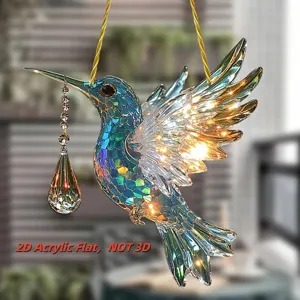 2D acrylic hummingbird hanging ornament, colorful flat window suncatcher for home car decor.