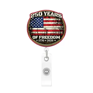 Einziehbare Ausweishalter Detail mit US Flagge 250 Jahre Freiheit Gedenken rundes Design.