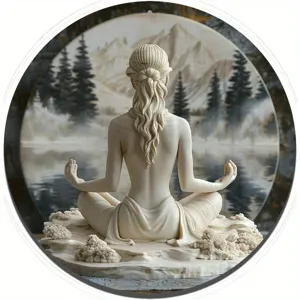 Round meditative woman wall plaque relief home decor sculpture intricate detail close-up