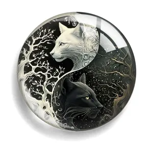 Yin Yang Cat Fridge Magnet Glass Cabochon Cute Animal Art Round Acrylic Patch Decorative