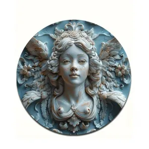 Vintage angel wall plaque detail, retro saint relief home decor circular hanging ornament.