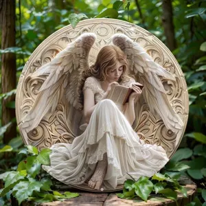 Detailed view of circular angel wall plaque featuring a carved winged maiden reading a book.