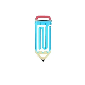 Detail view of creative pencil-shaped acrylic paperclip, featuring cute blue design and eraser.