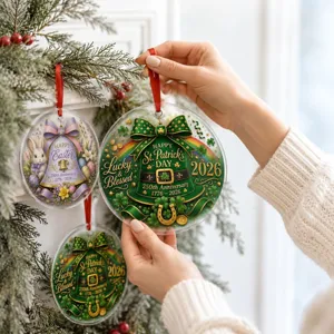 Close-up view of St. Patrick's Day acrylic hanging ornament in detail near Christmas decor.