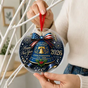 Acrylic US 250th anniversary commemorative hanging ornament, detailed festive tree decor.