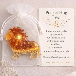Pocket Hug Leo zodiac acrylic token with greeting card and organza bag for daily encouragement.