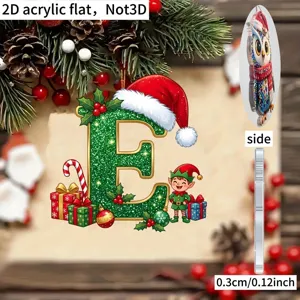 Detail view of 2D acrylic Christmas letter E ornament, showing thickness and side angle.