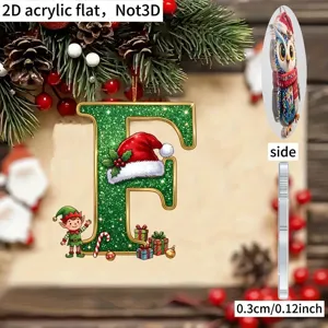 2D acrylic Christmas letter F pendant with Santa hat and cute elf for holiday tree decor.