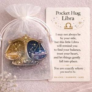 Detailed view of the Libra pocket hug token with starry design in a cute gift pouch.