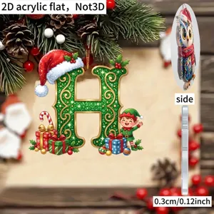 2D acrylic Christmas letter H hanging ornament with cute elf and gift box decor for party.