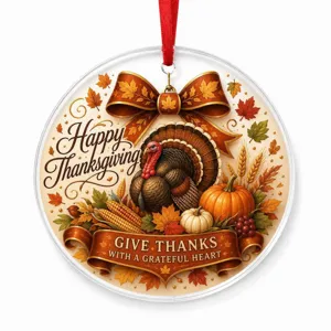 Thanksgiving turkey acrylic hanging ornament detail, festive autumn tree decor pendant design.