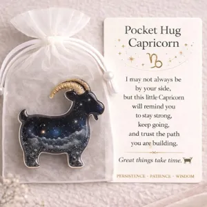 Capricorn pocket hug acrylic token gift set with greeting card and white organza bag.
