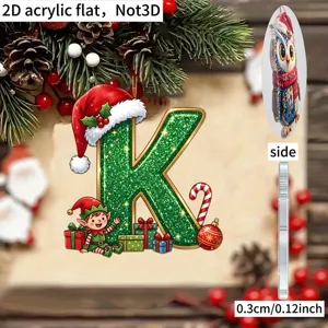 2D acrylic Christmas letter K ornament detail view, flat hanging decoration with festive elf.