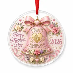 Acrylic Mother's Day hanging ornament with pink bell bow design and ribbon for tree decor