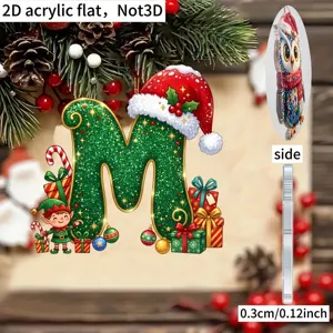 2D acrylic Christmas letter M hanging ornament, holiday tree decoration gift for party.