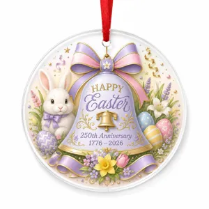 Acrylic Easter hanging ornament detail view showing the cute bunny and commemorative bell pattern.