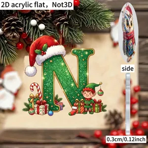 Detailed view of 2D acrylic Christmas letter pendant with holiday tree hanging decor.