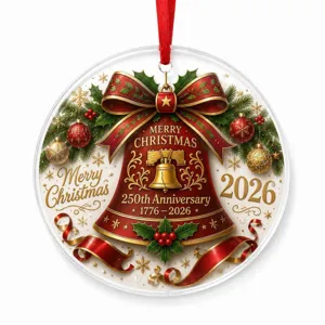 US 250th Anniversary acrylic Christmas ornament, round holiday hanging decor for car and tree.