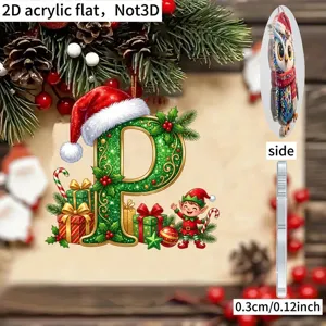2D acrylic Christmas letter P ornament with cute elf and gift box design holiday decor