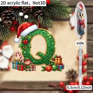2D acrylic Christmas letter Q ornament pendant with cute elf and gift box design for holiday party.